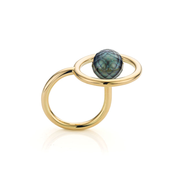 Unieke 'Halo' ring - 14k geelgoud met facet Tahiti parel
