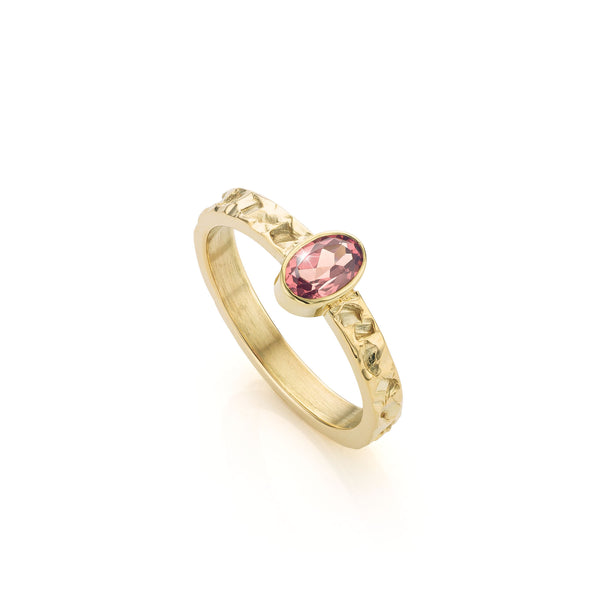 14 Karaat geelgouden ring met structuur en Granaat
